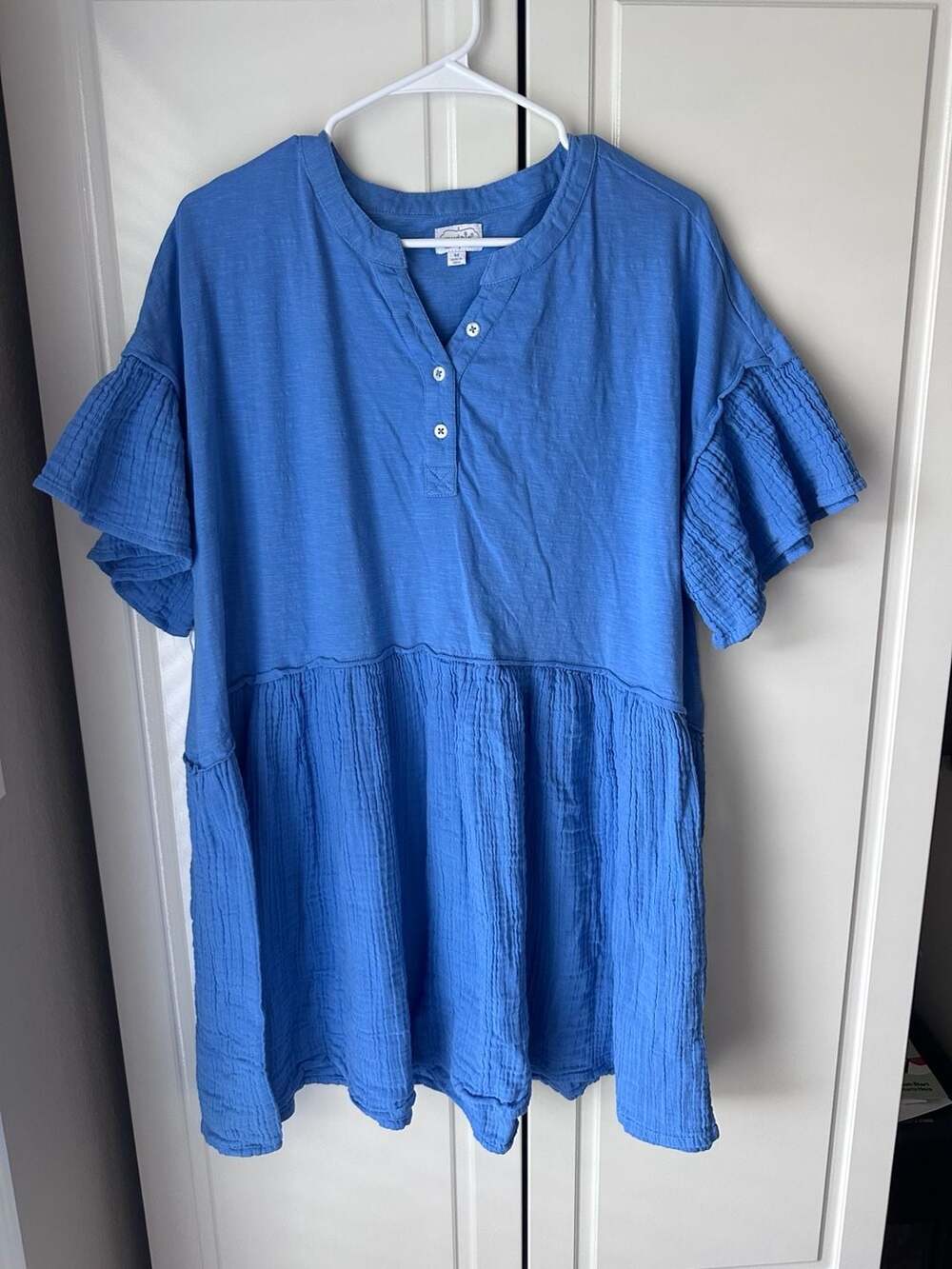 Mud Pie Dress Size M Blue Gauze Tiered Babydoll Button Front Flounce